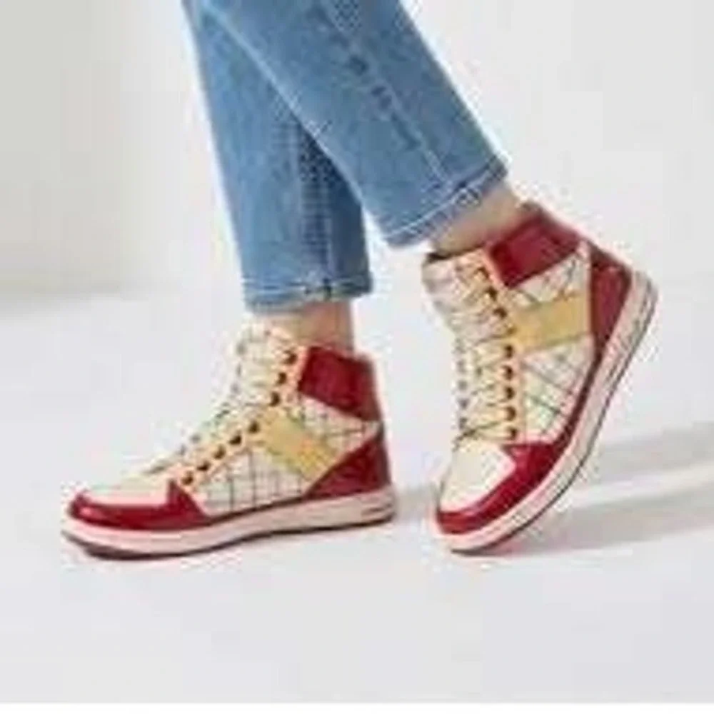 Coach Norra High Top Sneakers Red Yellow Plaid Patent Leather Womens 8.5M A1432